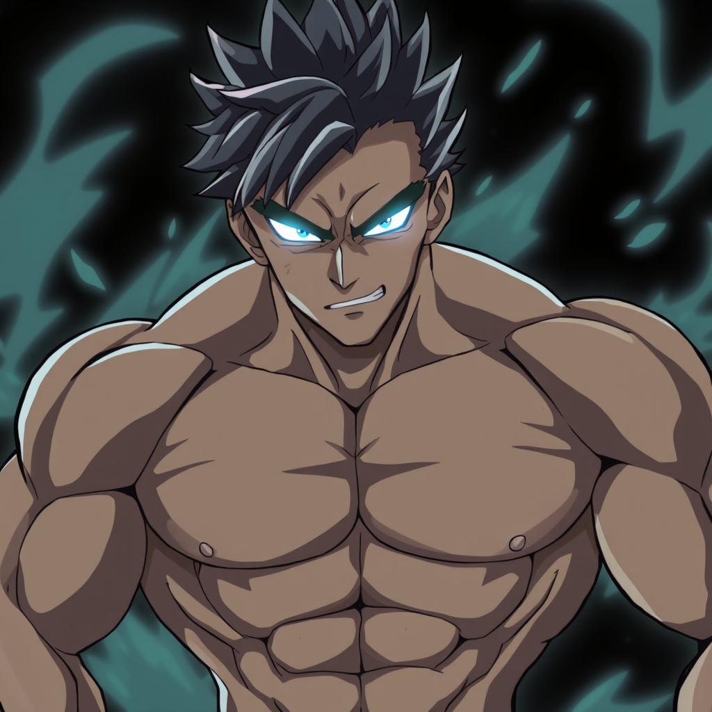 A muscular anime male character with a powerful physique, showcasing well-defined muscles and a confident stance