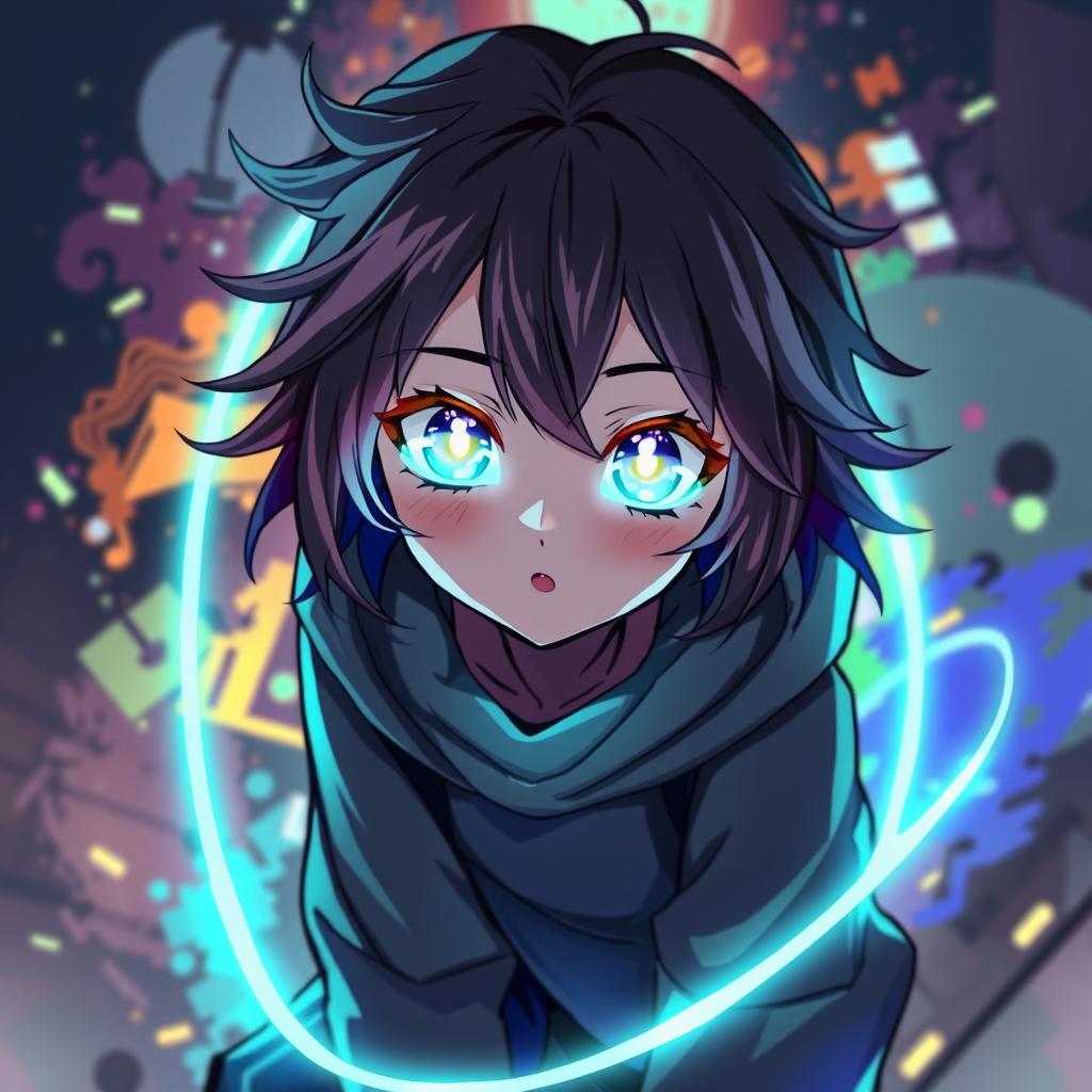 A captivating anime character with vibrant, glowing eyes that radiate a mystical aura