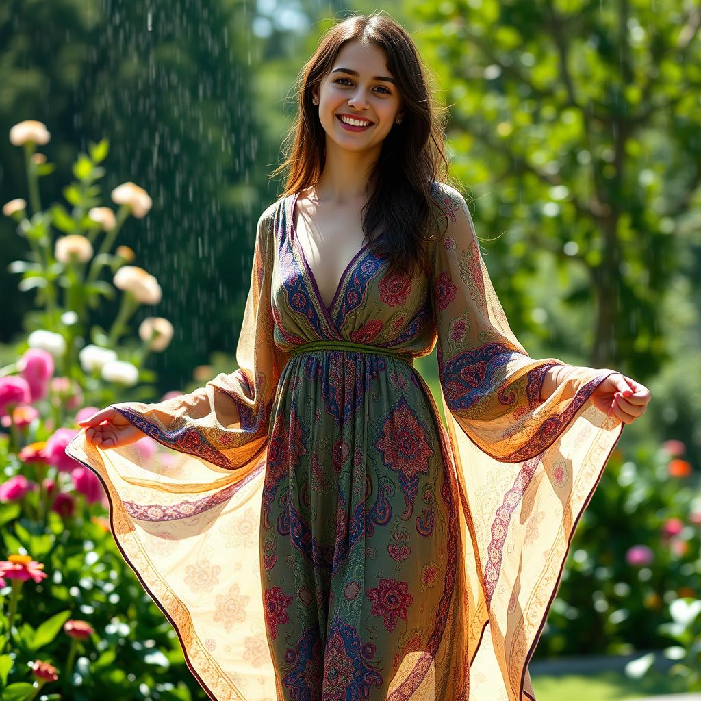 A young woman standing in a beautiful flowing frock, which is slightly wet and clinging to her figure, showing off the intricate patterns of the fabric