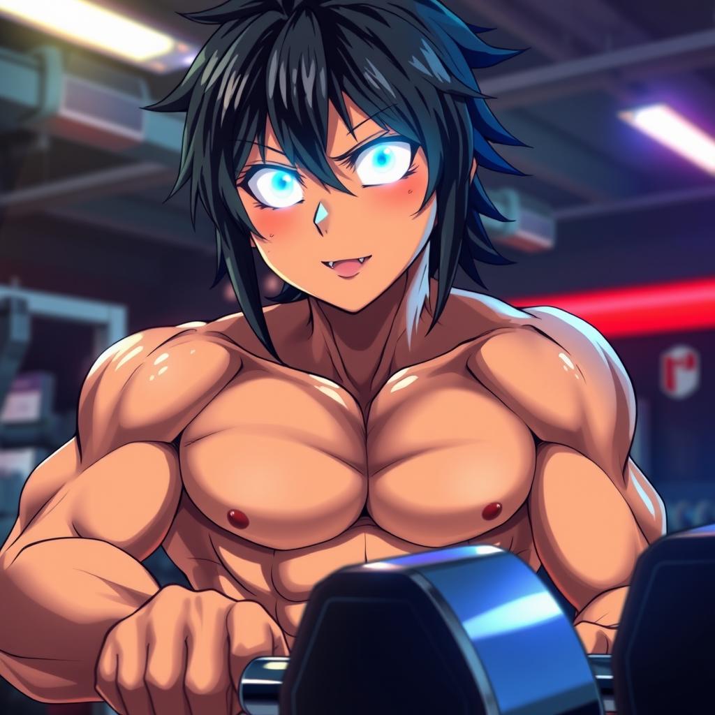 A highly detailed anime character with striking glowing eyes, showcasing their intense focus in a gym environment