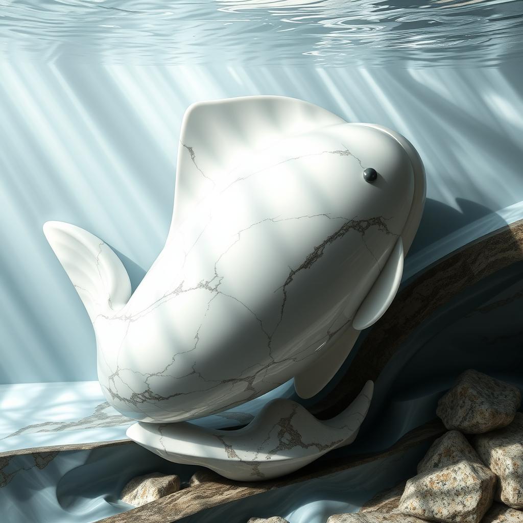 A stunning, curving sculpture of a fish made from elegant marble, showcasing smooth lines and intricate details