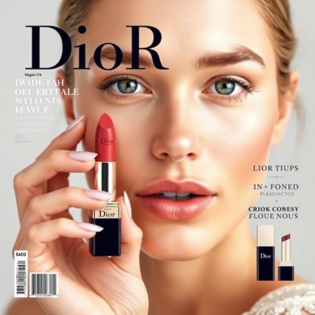 A magazine cover design featuring a close-up of a woman's face showcasing a natural makeup look, with soft, freshly-applied cosmetics that enhance her beauty without being heavy