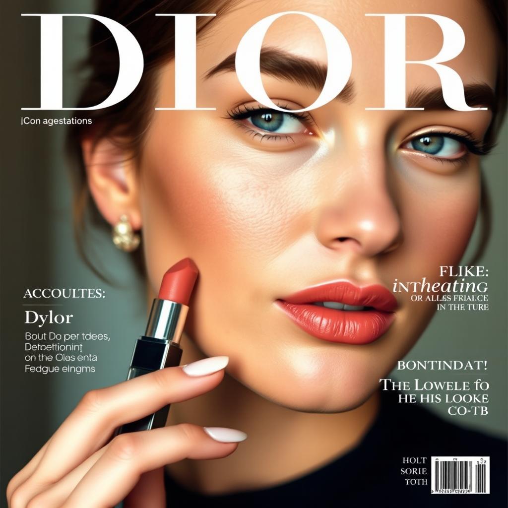 An elegant Dior cosmetics magazine cover featuring a close-up of a woman's face showcasing a natural makeup look, with subtle tones and soft highlights