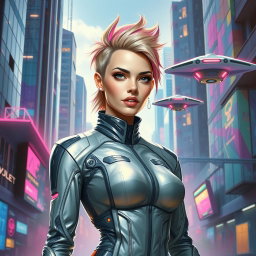 A stunning futuristic painting featuring a modern woman
