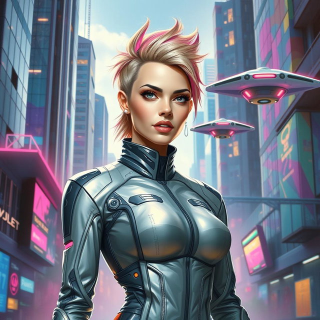 A stunning futuristic painting featuring a modern woman