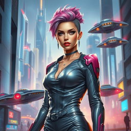 A stunning futuristic painting featuring a modern woman