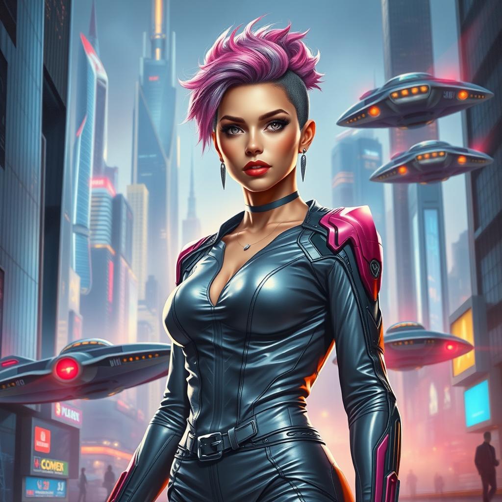 A stunning futuristic painting featuring a modern woman