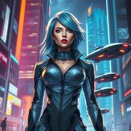 A stunning futuristic painting featuring a modern woman