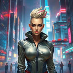A stunning futuristic painting featuring a modern woman