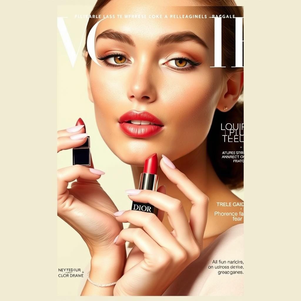 A stunning A4 magazine cover featuring a woman's face with a natural makeup look, exuding beauty and confidence