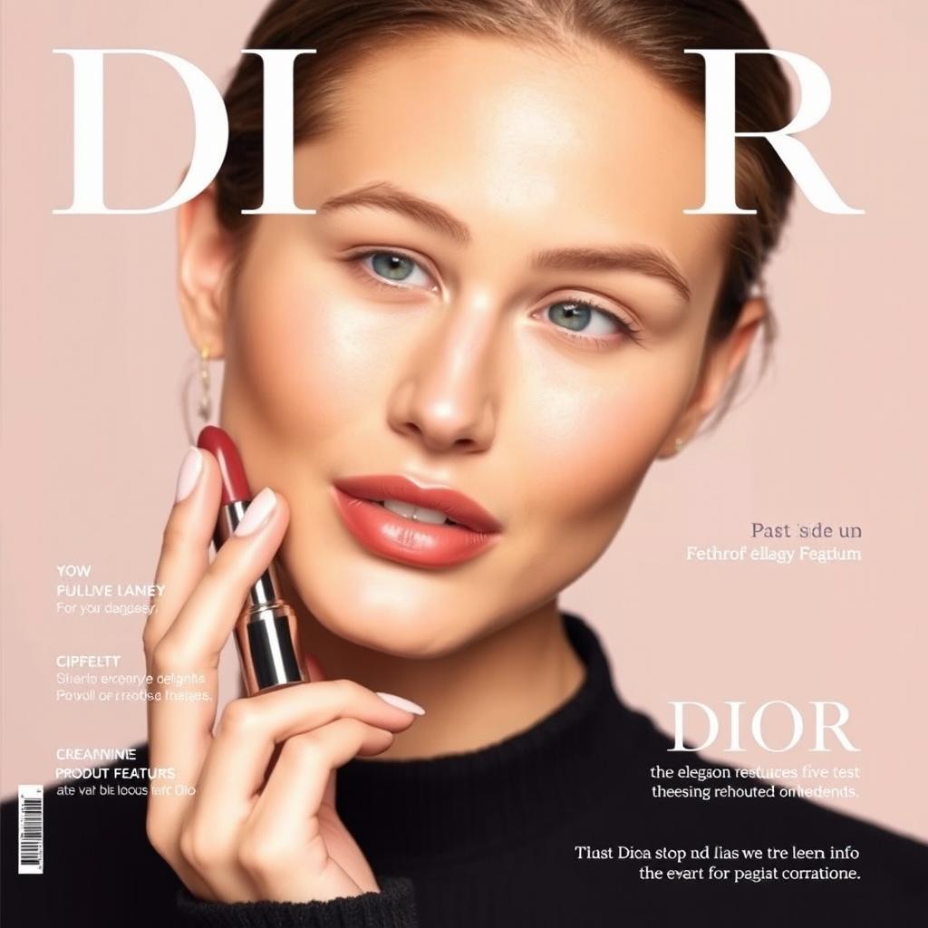 An elegant magazine cover for Dior cosmetics featuring a close-up of a woman's face showcasing a natural makeup look