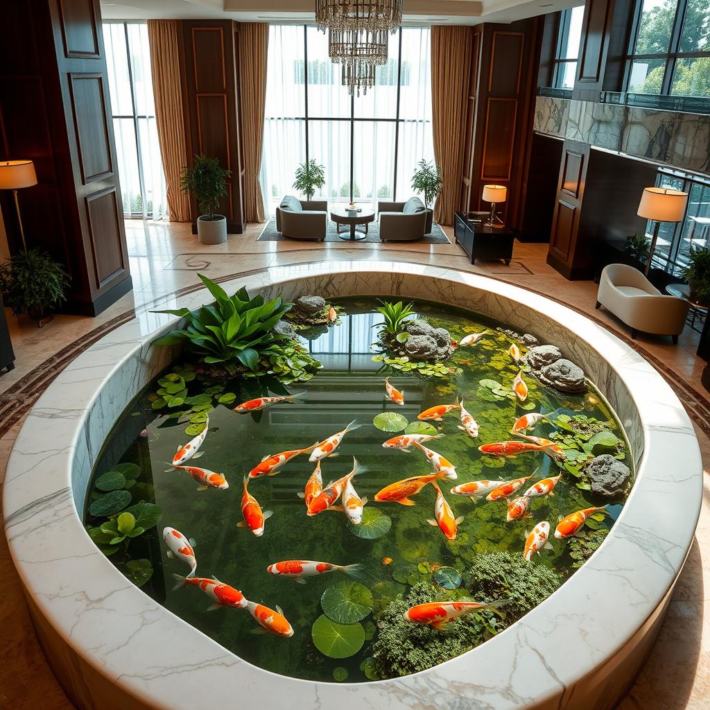 An exquisite curving marble fish pond located in an upscale hotel lobby, designed with flowing, polished marble edges that elegantly complement the luxurious surroundings
