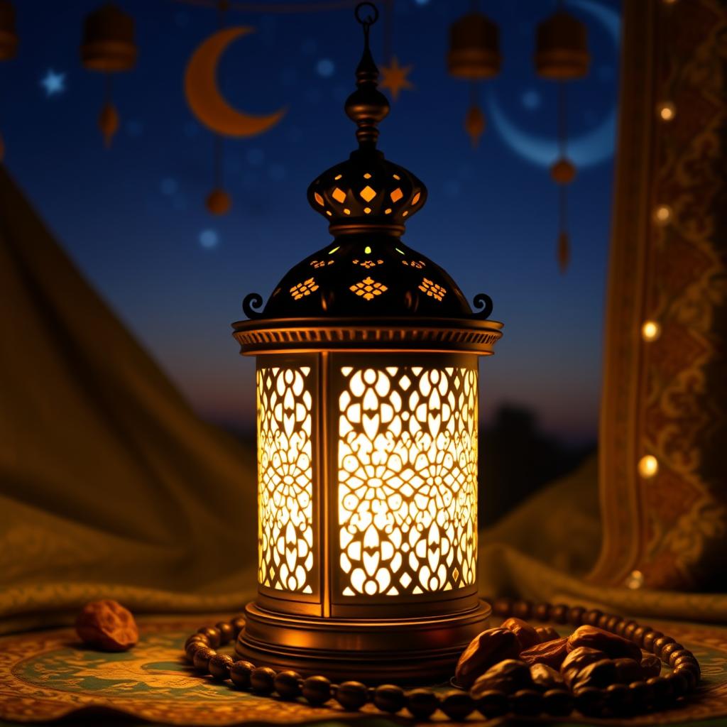 A beautiful Ramadan lantern (fanoos) illuminated at night, surrounded by traditional Middle Eastern decorations including crescent moons and stars