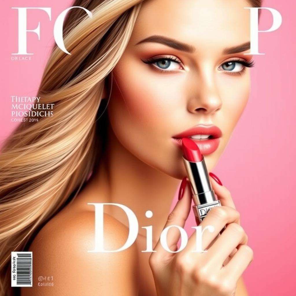 A beautifully designed magazine cover in A4 size (9×16) featuring a close-up portrait of a woman holding Dior lipstick