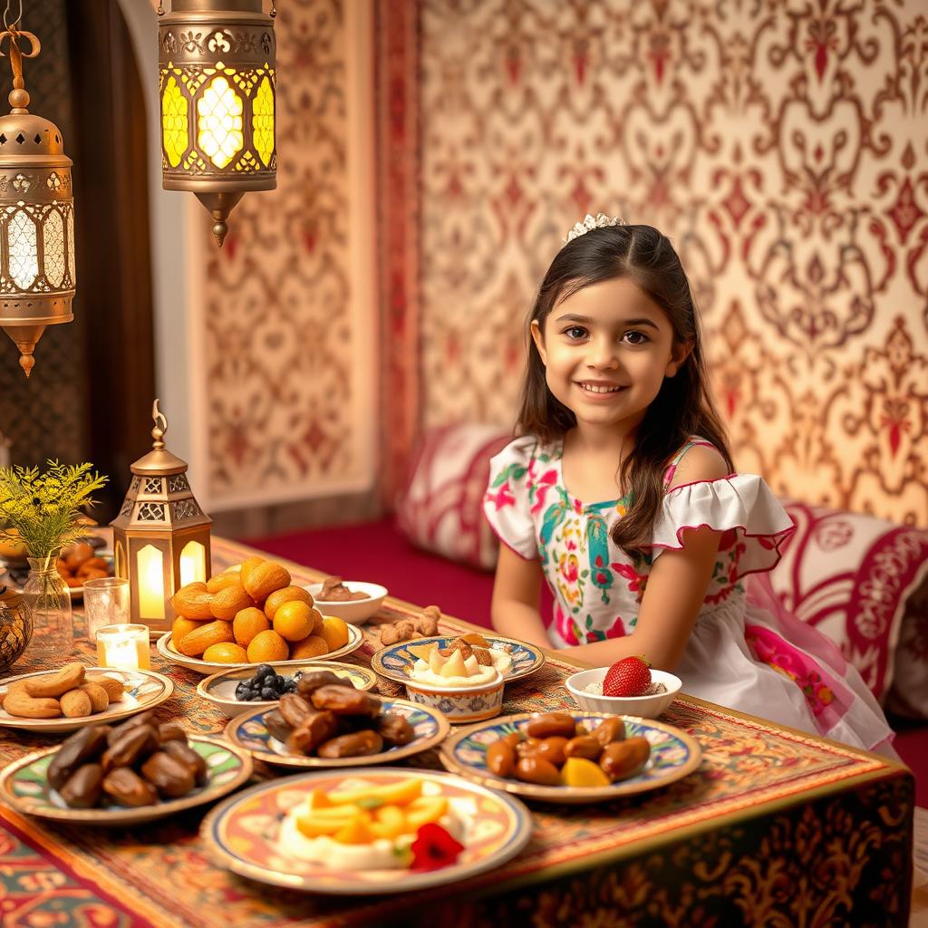 A young girl sitting beside a beautifully set Ramadan table
