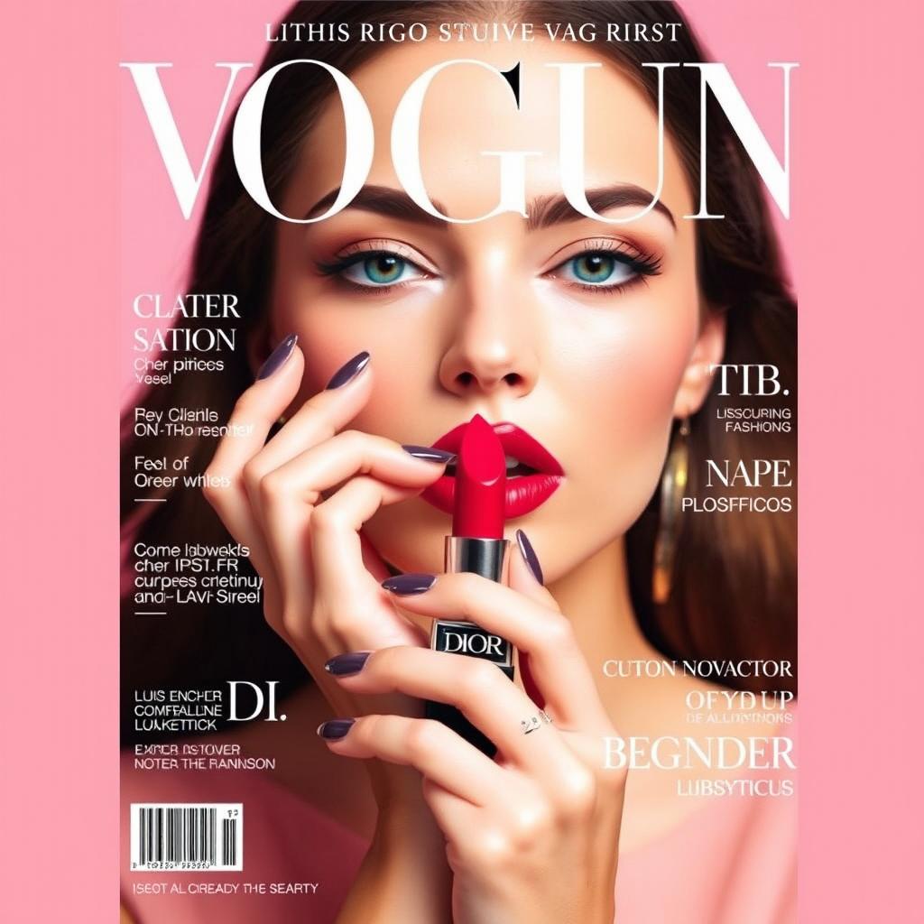 A magazine cover featuring an elegant and sophisticated woman’s portrait, focusing on her face and hands as she holds a luxurious Dior lipstick