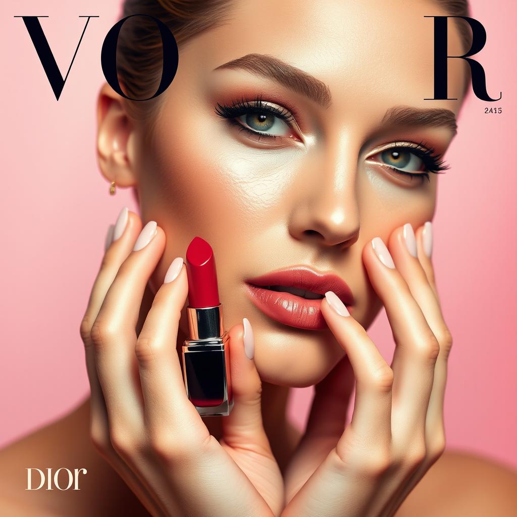 A stunning magazine cover in A4 size (9x16) featuring a close-up portrait of a beautiful woman holding Dior lipstick