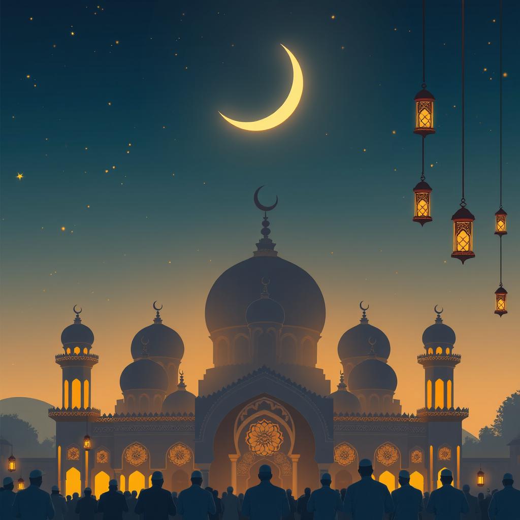 A serene and spiritual depiction of Ramadan, showcasing a crescent moon above a tranquil night sky adorned with subtle stars