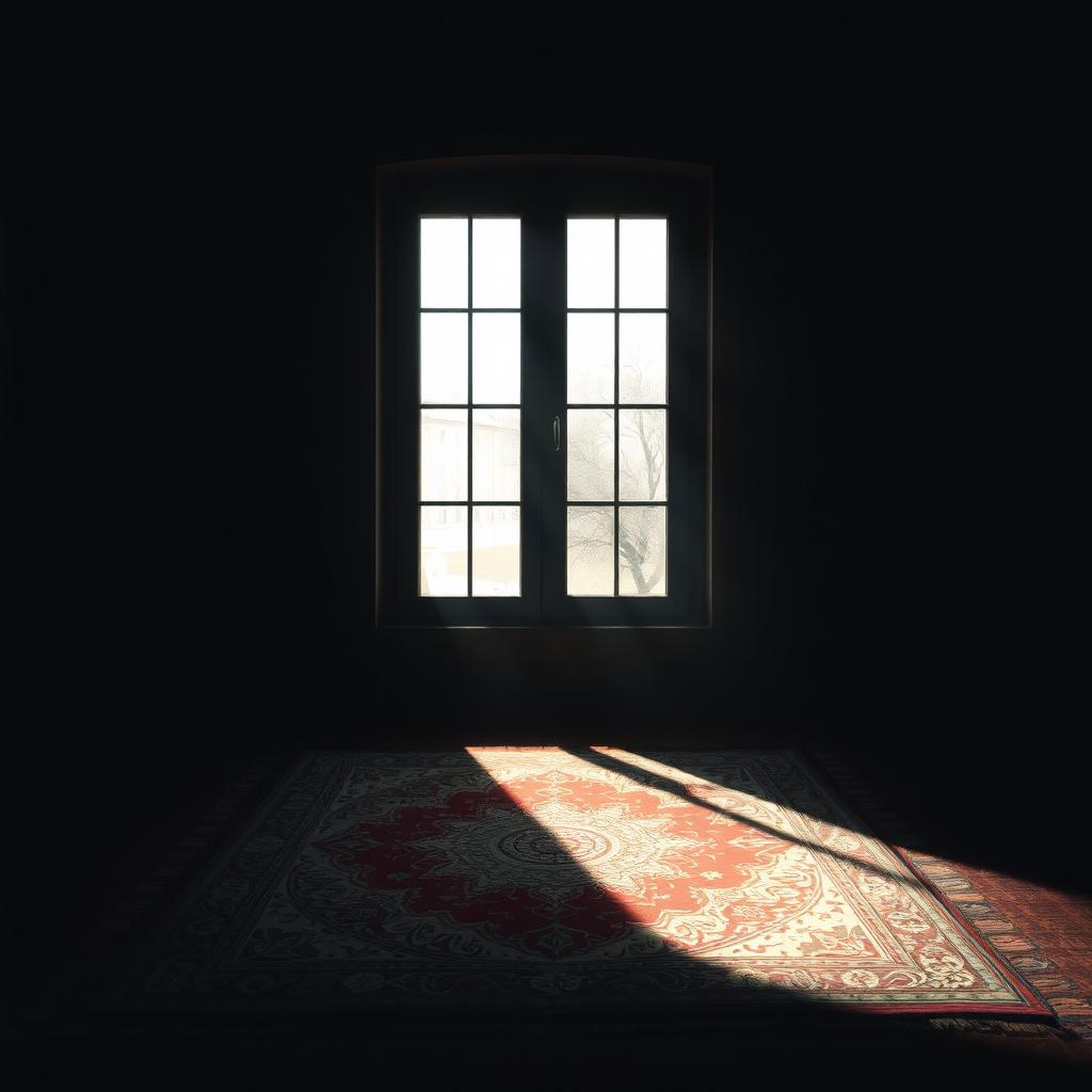 A dark room featuring a beautiful, intricate prayer rug (sajjadah) in the center
