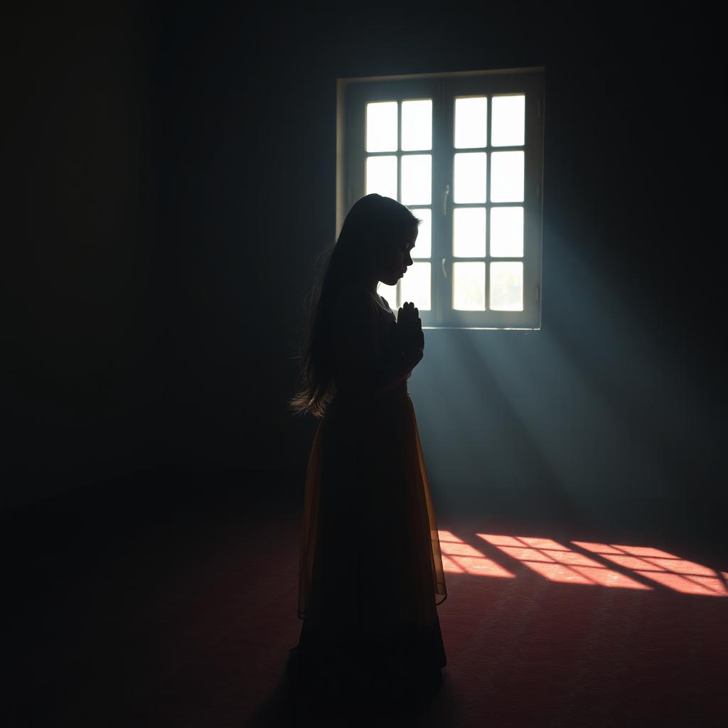 A dark room illuminated by the soft light filtering through a window, casting a shadow on the ground