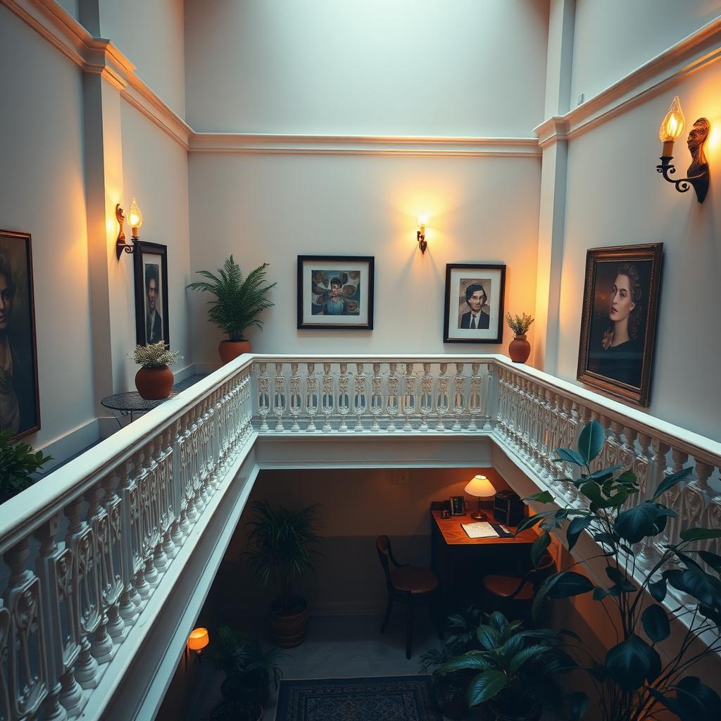 A tranquil banistered mezzanine elegantly designed with a series of escritura desks (escritorio) arranged for quiet contemplation and writing
