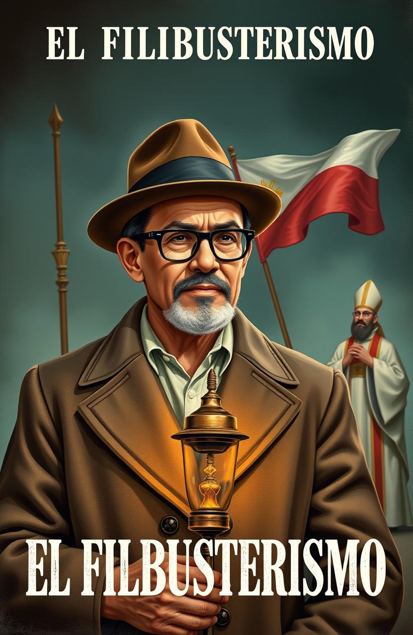 A man with a stylish coat and a hat, sporting glasses and a well-groomed beard, holding a classic lamp
