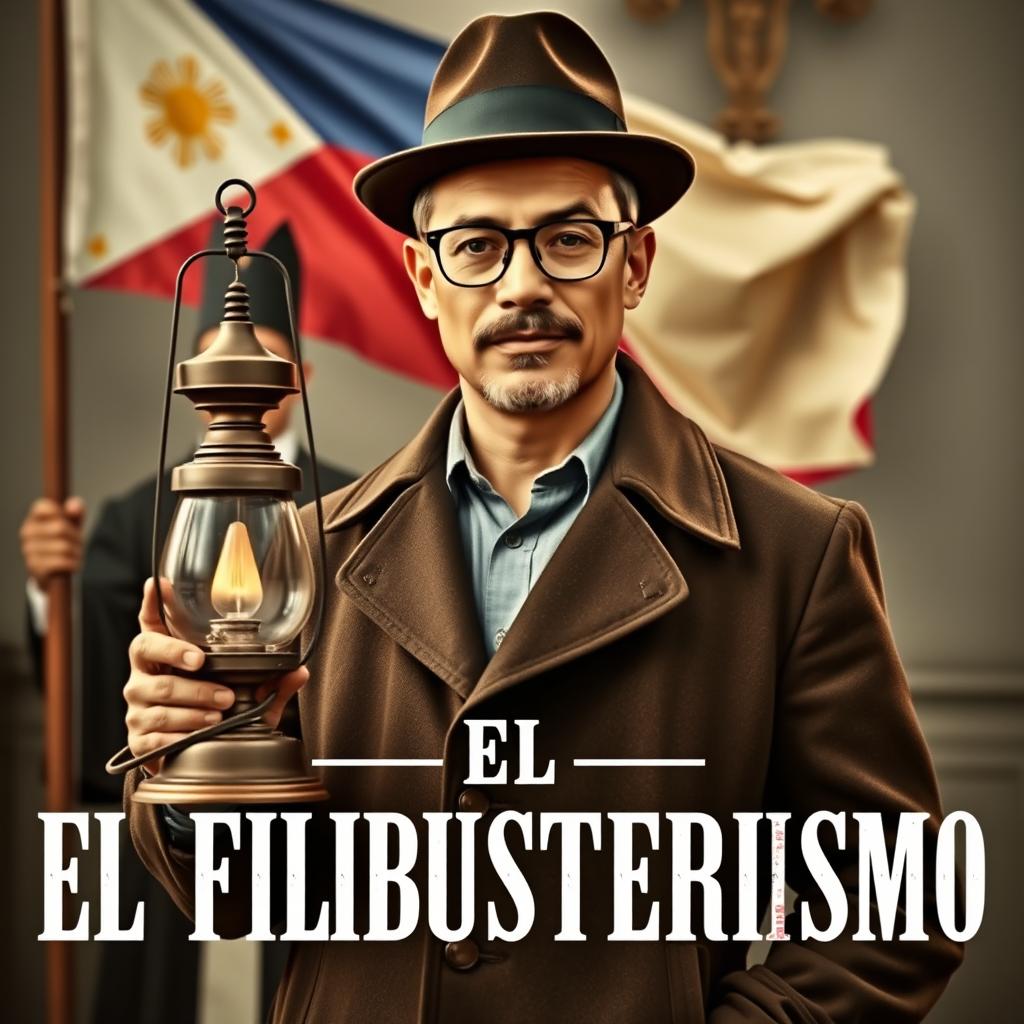 A man dressed in a stylish coat and a classic hat, wearing glasses and sporting a neatly trimmed beard, stands proudly holding a vintage lamp
