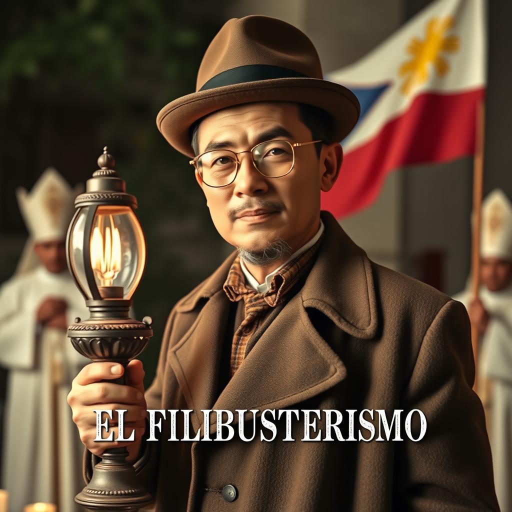 A man wearing a vintage coat and a classic hat, complete with glasses and a well-groomed beard, is holding a traditional lamp