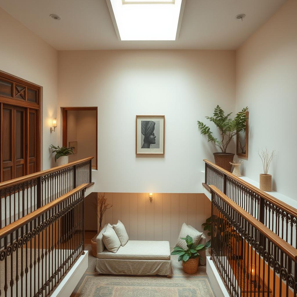 A tranquil banistered mezzanine that offers a serene atmosphere with elegantly crafted wooden or wrought iron banisters, providing a sense of openness and connection to the space below