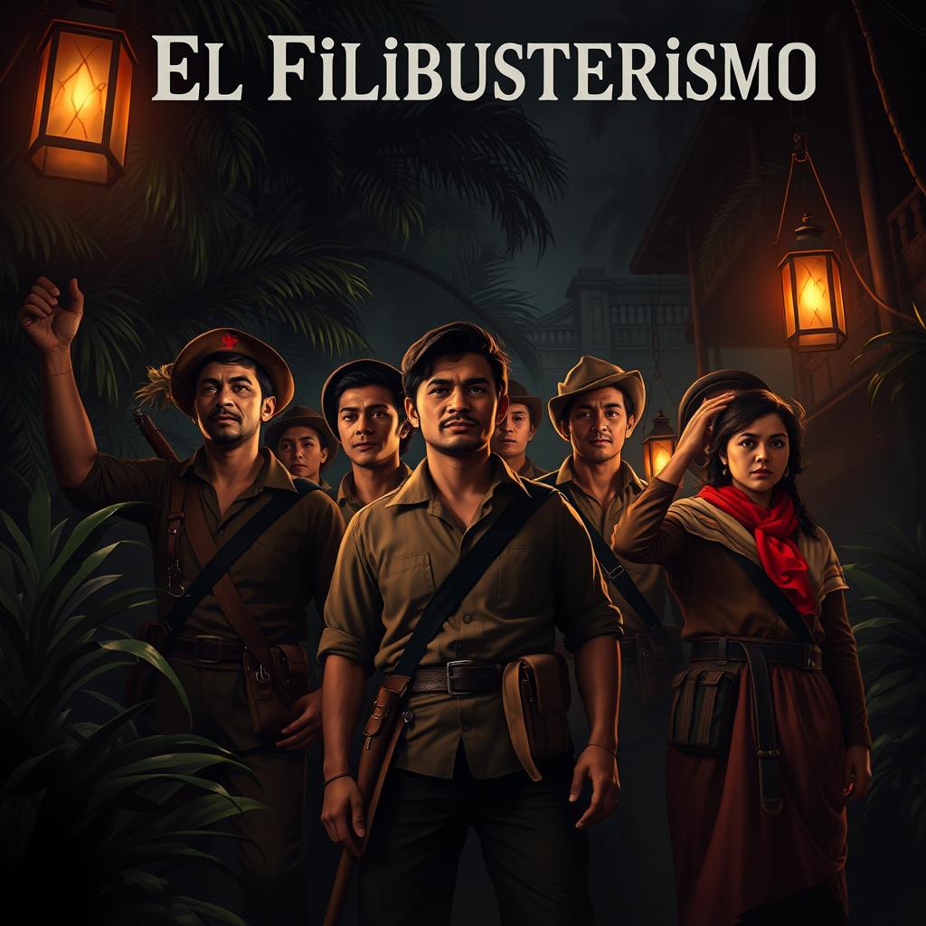 A dramatic scene inspired by the themes of 'El Filibusterismo', depicting a group of revolutionaries in a dark, moody setting
