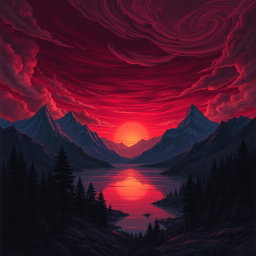 A detailed fantasy landscape featuring majestic mountains under a maroon sky at sunset, with swirling clouds and a dark forest silhouette in the foreground