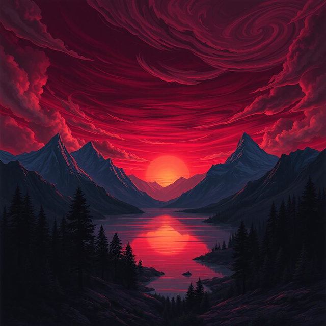 A detailed fantasy landscape featuring majestic mountains under a maroon sky at sunset, with swirling clouds and a dark forest silhouette in the foreground