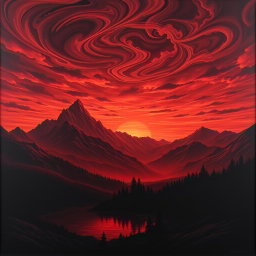 A detailed fantasy landscape featuring majestic mountains under a maroon sky at sunset, with swirling clouds and a dark forest silhouette in the foreground