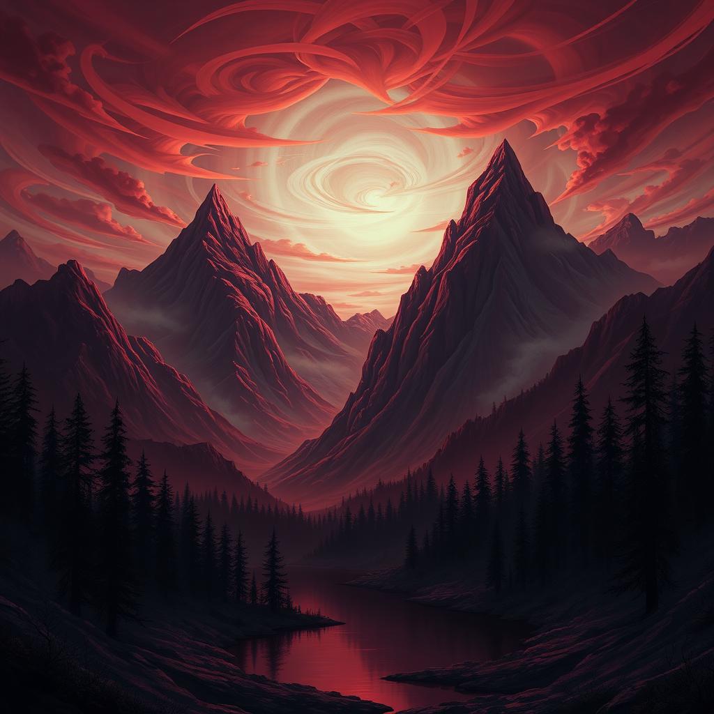 A detailed fantasy landscape featuring majestic mountains under a maroon sky at sunset, with swirling clouds and a dark forest silhouette in the foreground