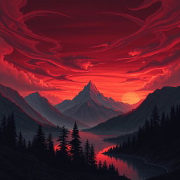 A detailed fantasy landscape featuring majestic mountains under a maroon sky at sunset, with swirling clouds and a dark forest silhouette in the foreground