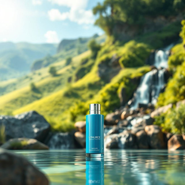 A luxurious blue moisturizer product placed elegantly in the center, featuring soft reflections to highlight its sleek design