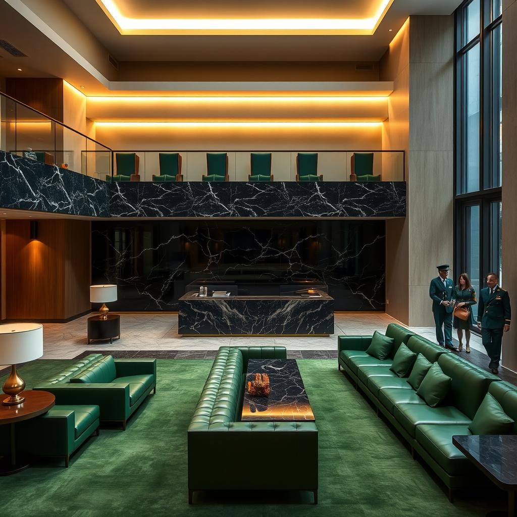 A tranquil banistered mezzanine featuring a series of escritura desks (escritorio) illuminated by soft ambient lighting, creating an inviting atmosphere for relaxation and creativity