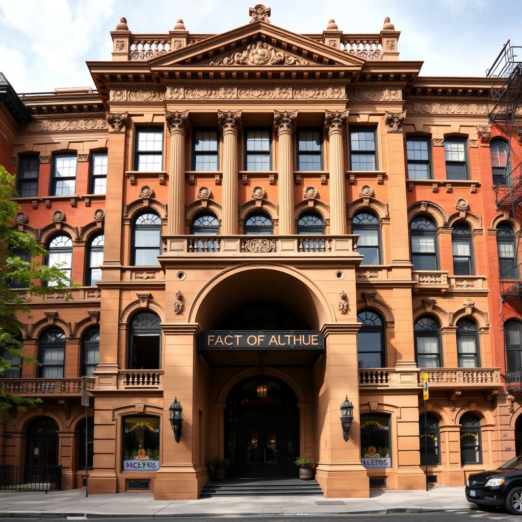 A grand columned brownstone building, showcasing stunning architecture from the 1920s, featuring an impressive porte-cochère that welcomes visitors into its lavish interior