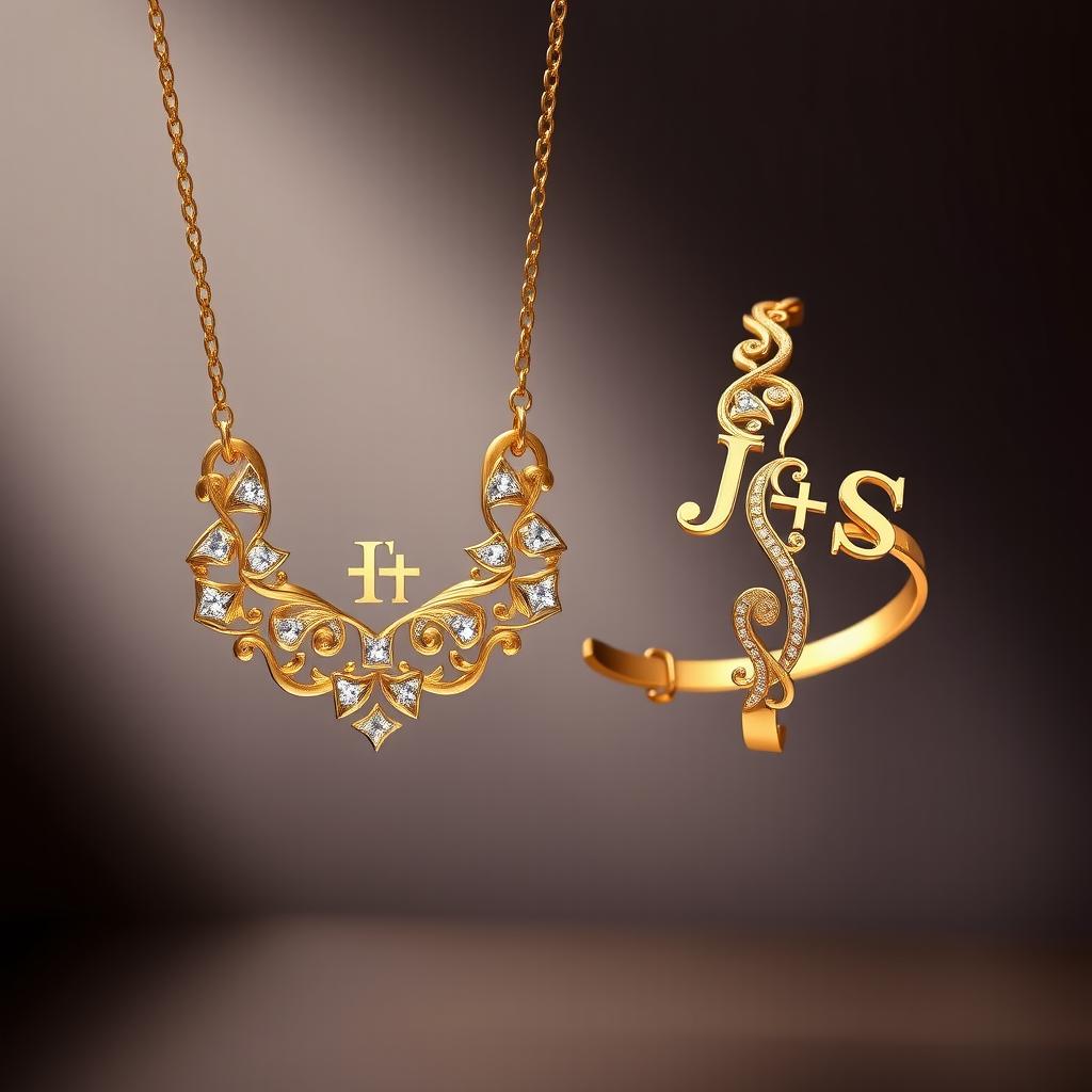 A stunning display of two exquisite pieces of gold jewelry, showcasing the latest design trends