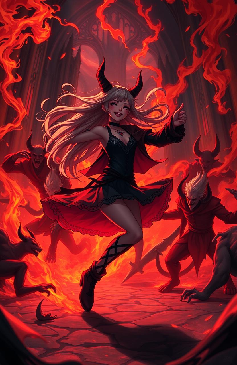 A girl dancing joyfully in a vibrant, fiery hellscape with demonic figures surrounding her, showcasing a bold and spirited spirit