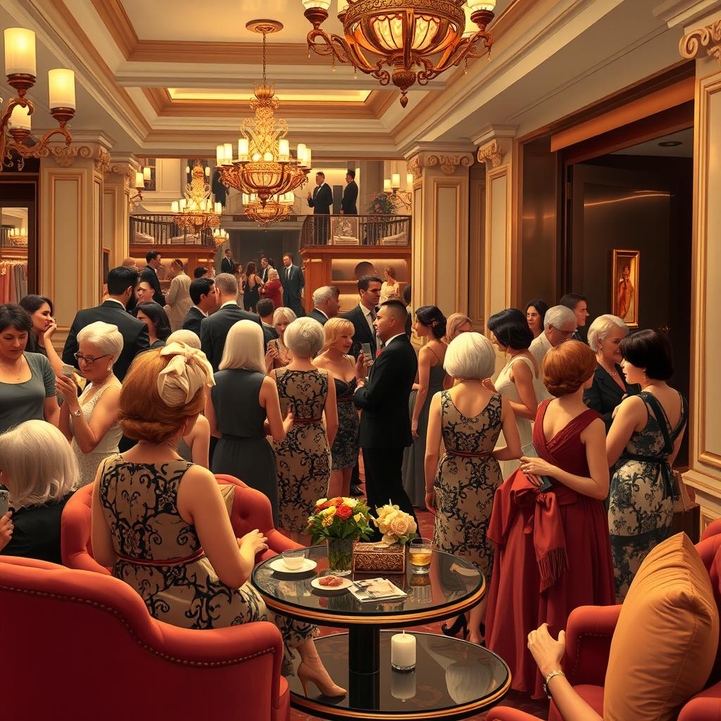 A vibrant scene in a luxurious social gathering space, where elegantly dressed ladies from the Delta are enjoying their stay during a shopping trip