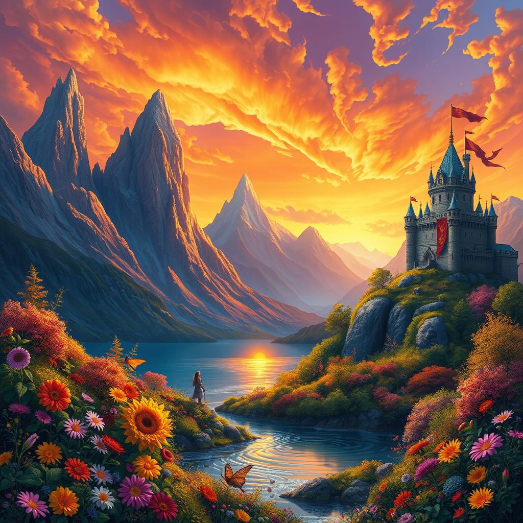 A highly detailed and vibrant artwork featuring a stunning fantasy landscape with towering mountains in the background, a shimmering lake reflecting the sky, and a lush, colorful forest in the foreground filled with various fantastical creatures like fairies and vibrant flowers