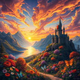 A highly detailed and vibrant artwork featuring a stunning fantasy landscape with towering mountains in the background, a shimmering lake reflecting the sky, and a lush, colorful forest in the foreground filled with various fantastical creatures like fairies and vibrant flowers