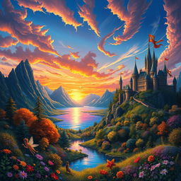 A highly detailed and vibrant artwork featuring a stunning fantasy landscape with towering mountains in the background, a shimmering lake reflecting the sky, and a lush, colorful forest in the foreground filled with various fantastical creatures like fairies and vibrant flowers
