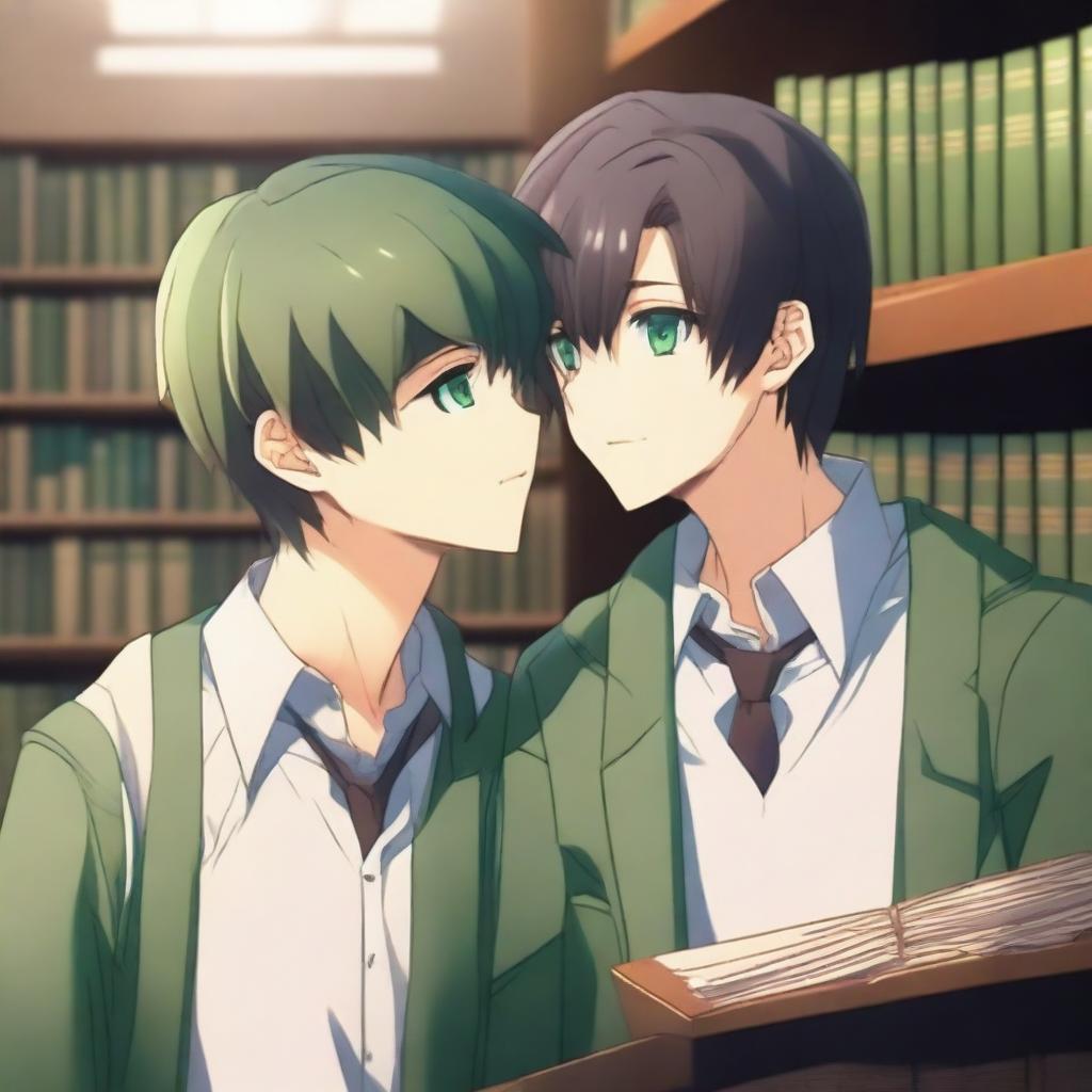 A high-quality 3D digital art image depicts a romantic scene between two anime-style high school boys in a library