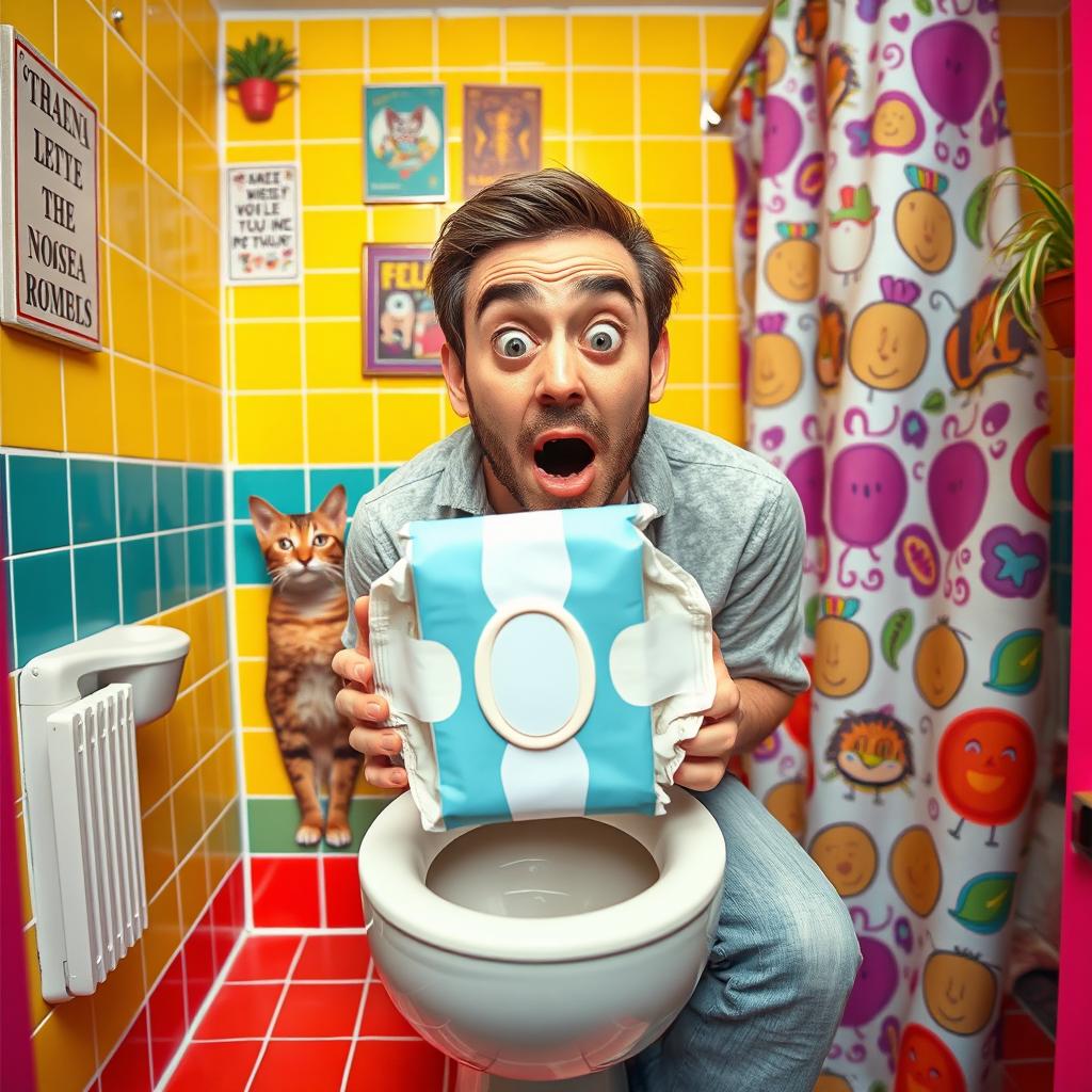 A comical scene in a brightly colored restroom, showcasing an overwhelmed person looking shocked as they realize they have thrown a pack of sanitary pads into a toilet