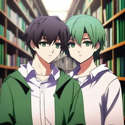 A high-quality 3D digital art image depicts a romantic scene between two anime-style high school boys in a library