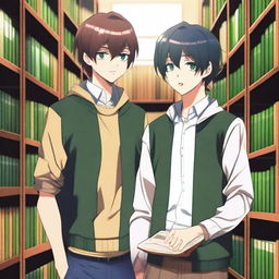 A high-quality 3D digital art image depicts a romantic scene between two anime-style high school boys in a library