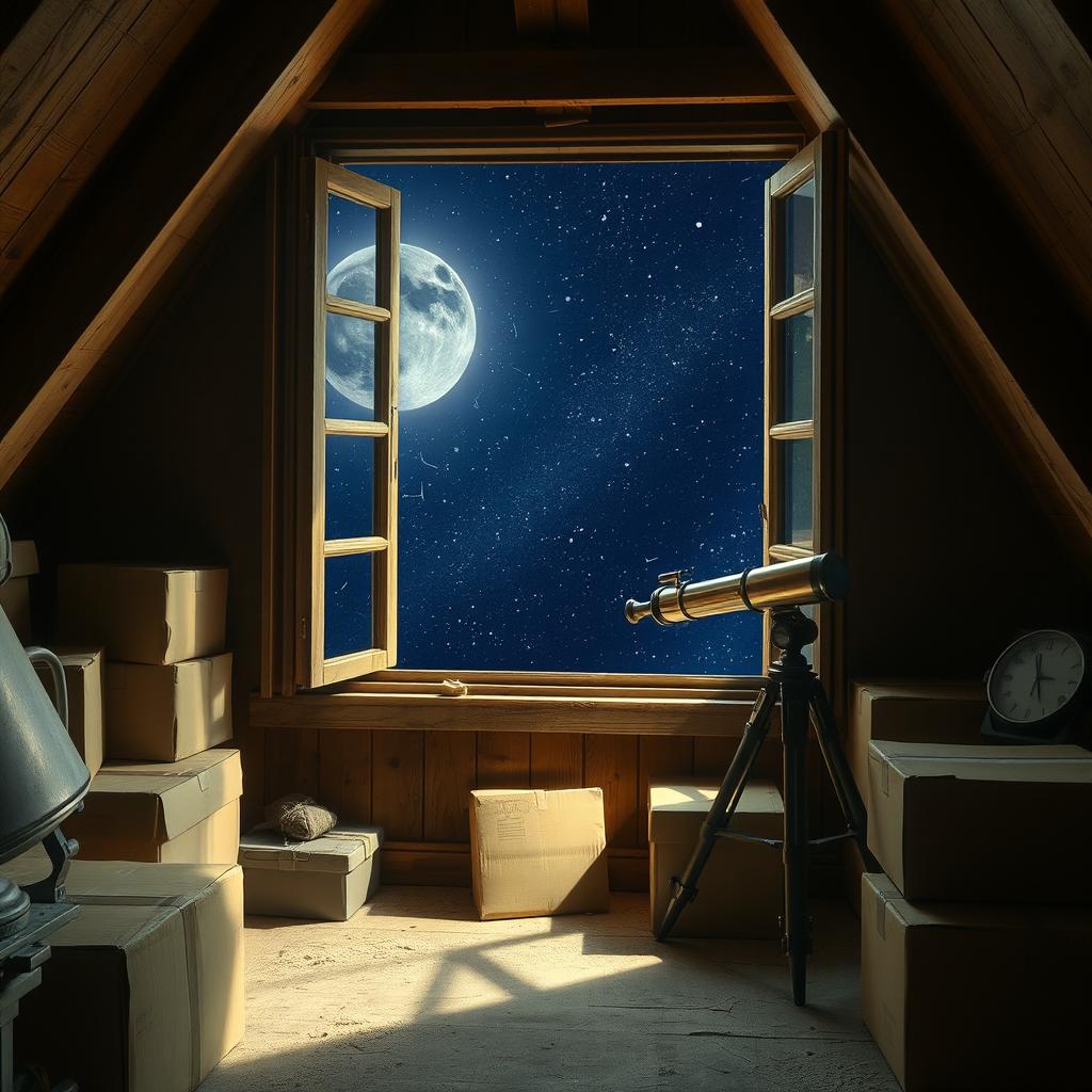 An atmospheric attic filled with cardboard boxes, wooden beams, and an antique telescope positioned near a window