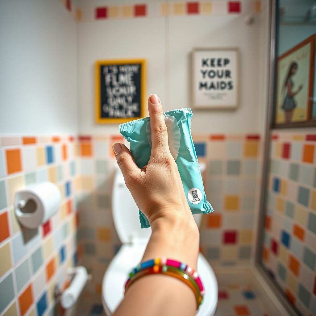 A close-up image of a hand reaching towards a toilet with a pack of sanitary pads, the finger poised mid-air as if just about to let go of the item